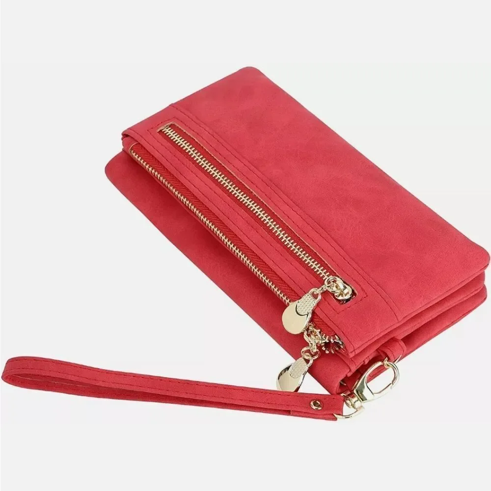 Red Women PU Leather Clutch Wallet Zipper Long Purse Card Holder Phone Handbag